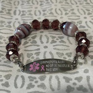 NEW! Medical ID Pink Ribbon Fuchsia Beaded Stainless Bracelet Lymphedema No Bp